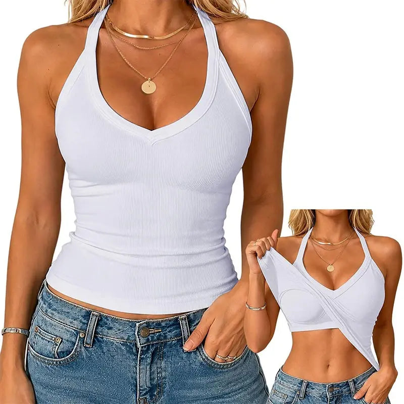 Women Sexy V Neck Sling Camisole Solid Color Halter Tank Top With Built-in Padded Bra Breathable Outer Wear Inner Daily Casual