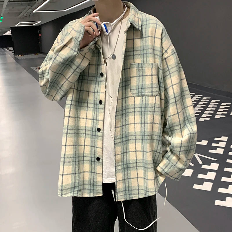 Men's Plaid Long Sleeve Shirt Loose Fit Thin Style Autumn Spring Casual Wear Sun Protection Outerwear Classic Check Pattern