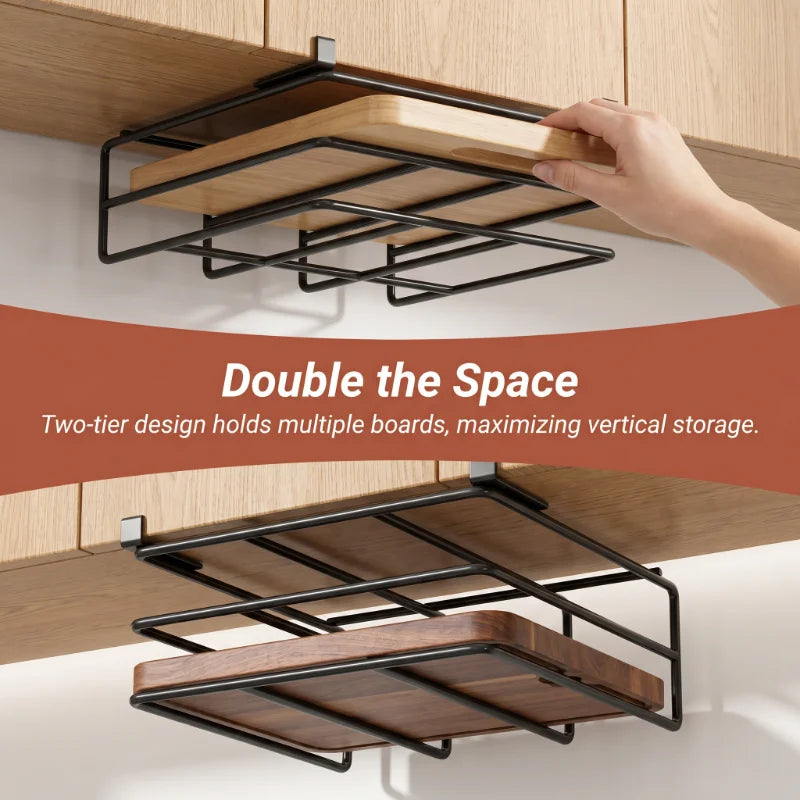 Kitchen Under Cabinet Hanging Organizer Rack with Hooks Multi Purpose Holder for Paper Towel Cutting Board Pot Lids