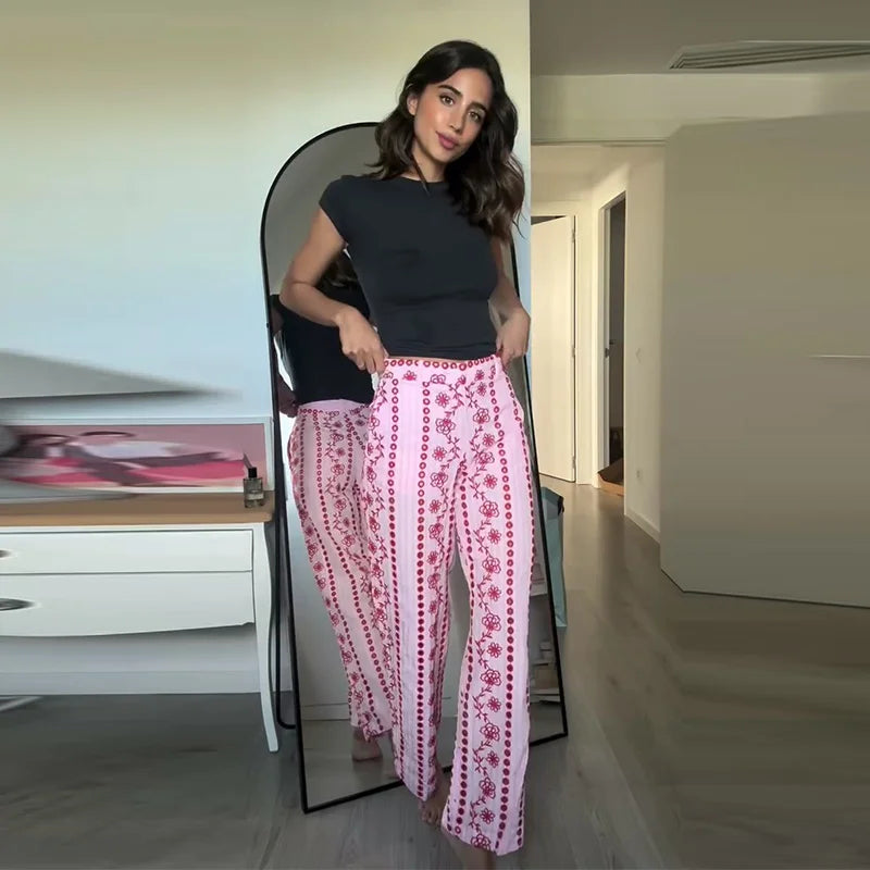 Casual Print Embroidery Pants Women High Waist Straight Hollow Out Trousers Female 2026 Spring Summer New Chic Cotton Streetwear