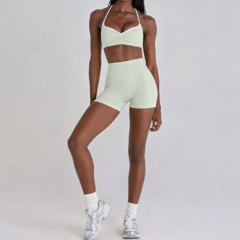 Women 2 Piece Yoga Set Ruched Front T Back Sports Bra High Waist Leggings Soft Stretchy Nude Fabric Gym Running Workout Outfit