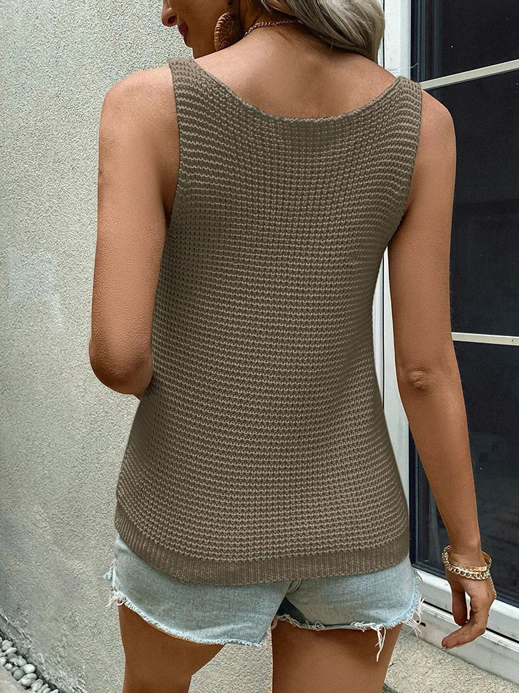 Summer Women's Elegant Sleeveless Short Tank Top Polyester 100% Solid Color Large round Neck Knitted Top Casual Fashion