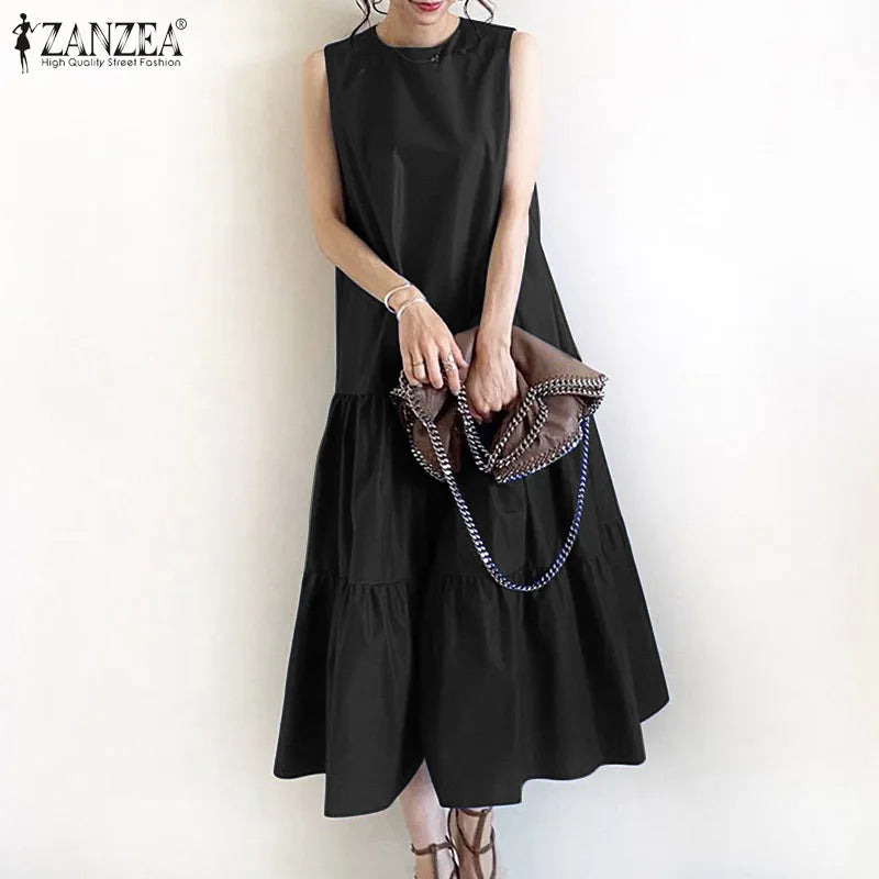 2025 ZANZEA Women Summer Dresses Stylish Sleeveless Ruffles Hem Sundress Casual A-line Holiday Beach Vestido Elegant Party Dress