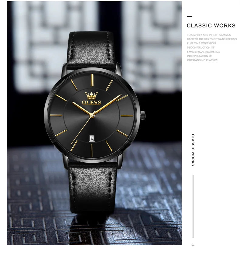 OLEVS 5869 Ultra Thin 6.5mm Quartz Watch for Men Fashion Leather Strap Simple Luxury Auto Date Clock Men's Wristwatch Waterproof