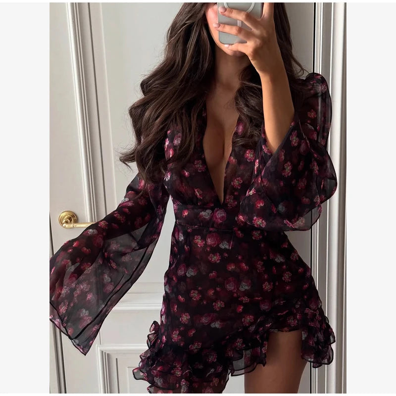 Elegant Ruffle Print Slim Short Dress Women Chic Patchwork Flared sleeves V-neck Pleated Dresses 2026 Lady Summer Casual Vestido