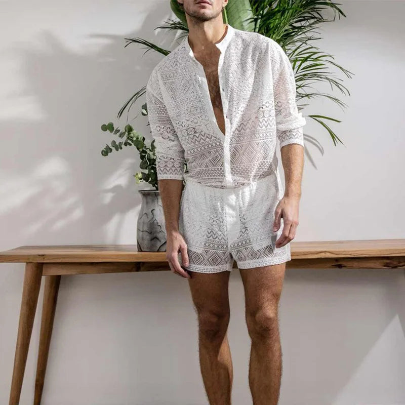 Men's Clothing Fashion Suit Men 2pcs Clothes Set Hollow Out Sexy Lace Short Sleeve Casual T Shirt Top Shorts Summer Solid Color