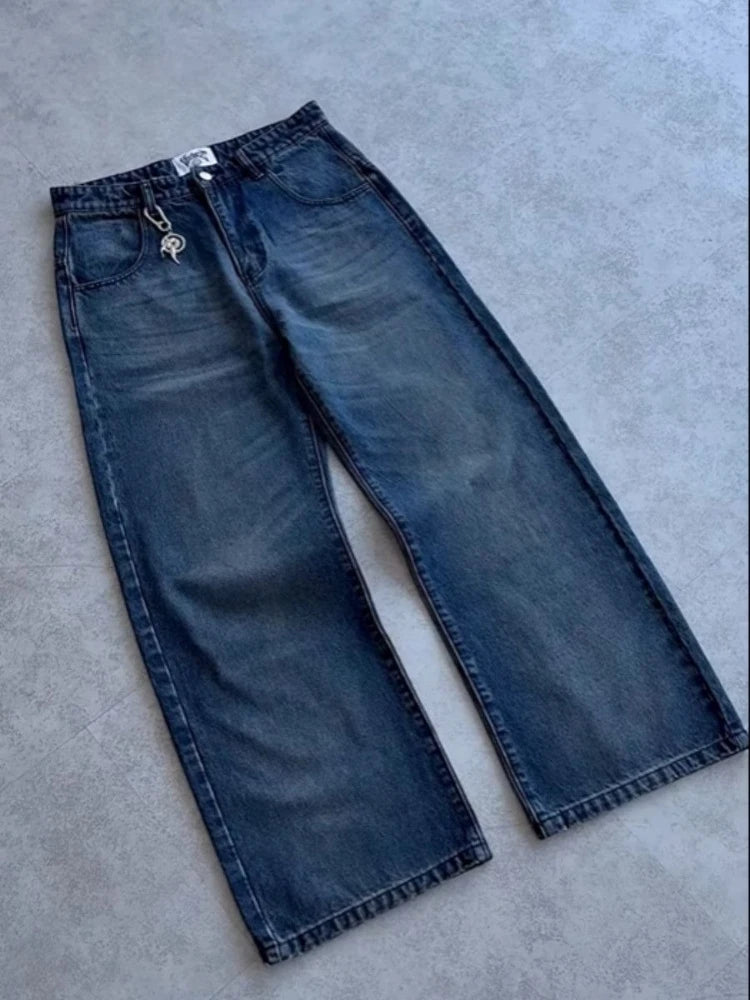 Mens Jeans Embroidery Goldfish Tiger Washed Denim Pants Harajuku Unisex Loose Fit Straight Leg Dark Blue Casual Streetwear New