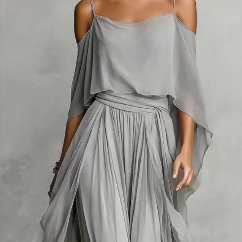 Solid Color Chiffon Two Piece Set Women Casual Off Shoulder Top & Long wide leg pants Set Ladies Elegant Party Suits Outfits