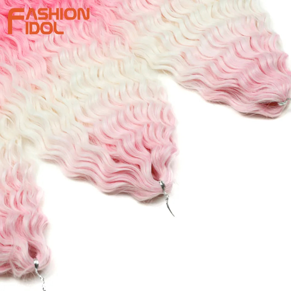 FASHION IDOL 24 Inch Ariel Hair Synthetic Crochet Curly Hair Water Wave Braid Hair Ombre Pink Deep Wave Braiding Hair Extensions