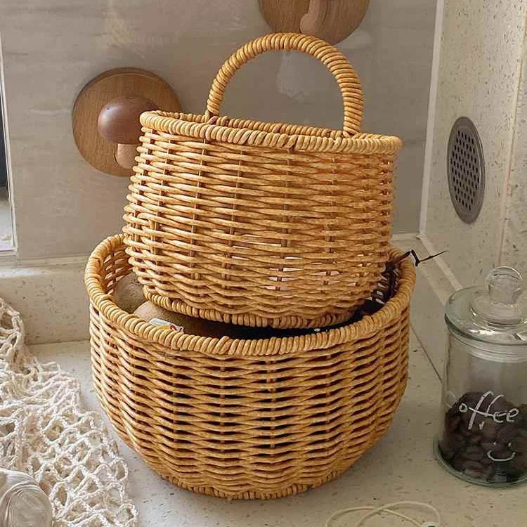 Kitchen Storage Basket With Handle Cute Wall Hanging Woven Basket Kawaii Hanging Storage Basket Kitchen Sundries Organizer