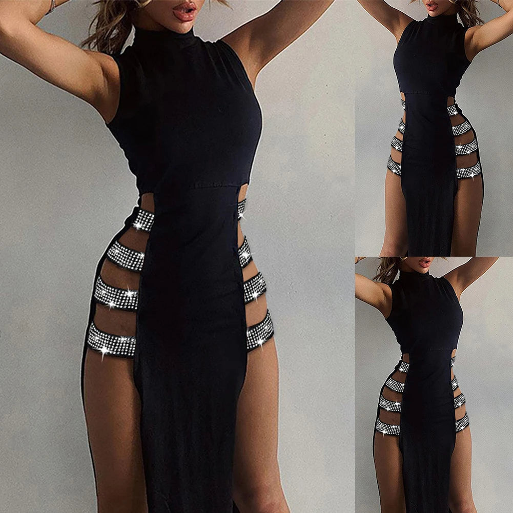 Bodycon Women Dress Club Daily Party Side High Slit Sleeveless Stand Collar Summer Comfortable Elegant Fashion