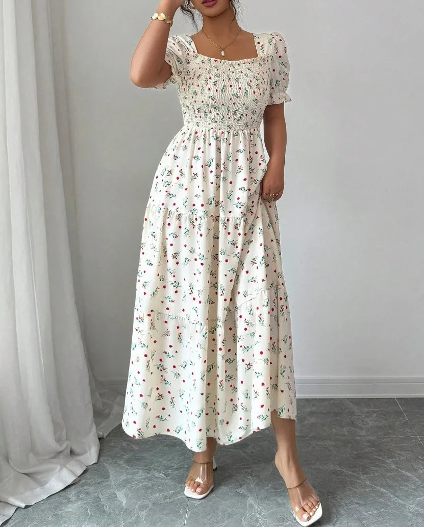 Spring and Autumn Women's Square Neck Short Sleeve Long Skirt Fresh Printed Casual Fashion Slight Backless Temperament Dress