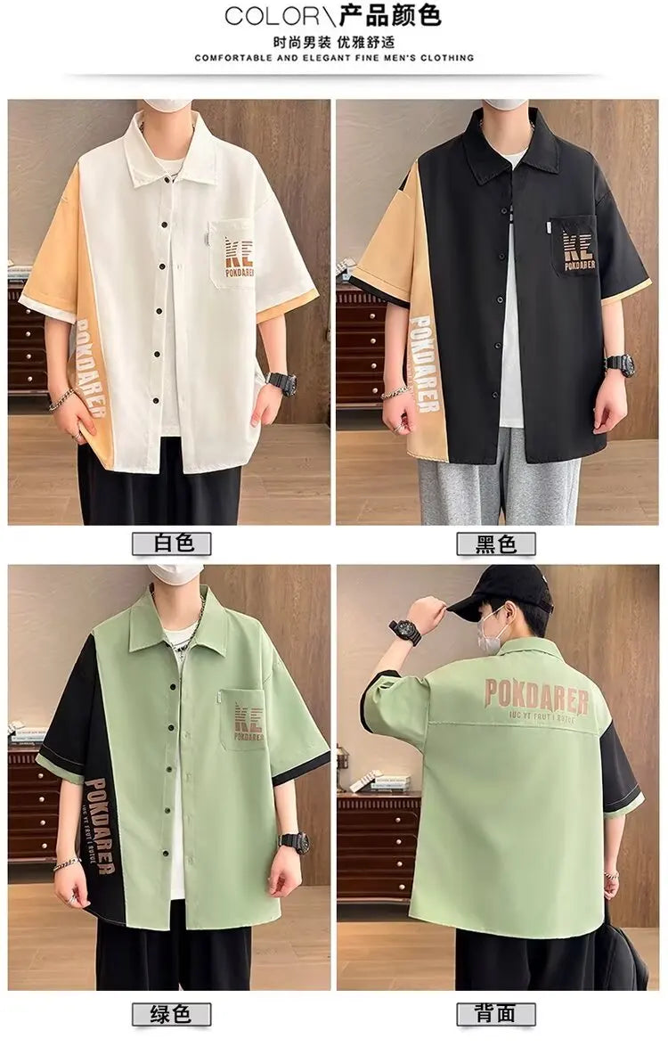 New Shirts for Men Patchwork Graphic T-shirts Men's Clothing Summer Casual Short Sleeved Daily Street Tops Loose Oversized Shirt
