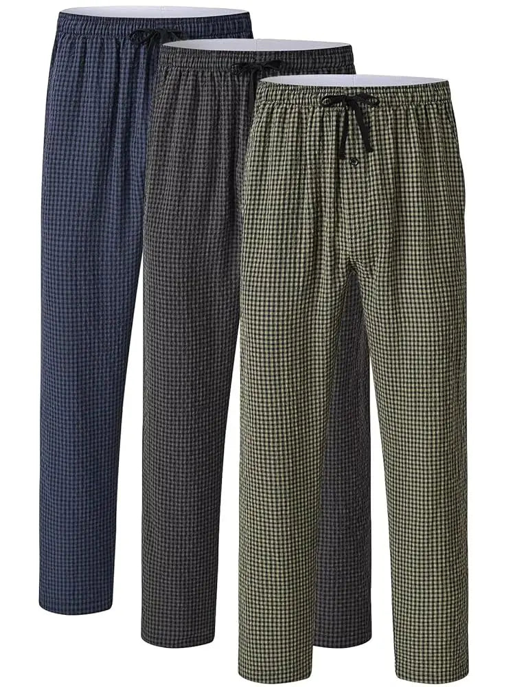 3Pcs Men's 100% Cotton Plaid Pajama Sleeping Pants, Long Plaid Print Sleepwear Pajama Pants with Elastic Waist Homewear