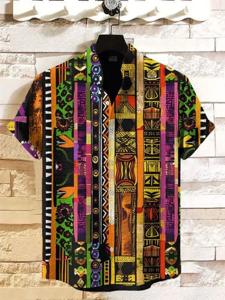 Autumn Ethnic Style Graphic 3D Print Holiday Button Men Clothing Luxury Men's Shirt Casual Short Sleeve Retro Shirt Man Top
