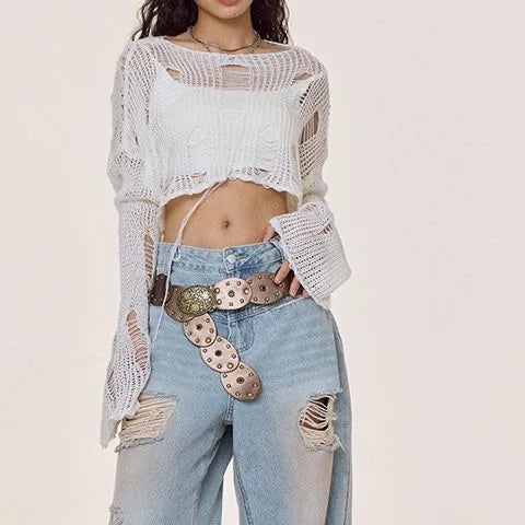Sexy White Slash Neck Grunge Knitted Women's Sweater Hole Ripped Pullover Crop Top Harajuku Hollow Out Fashion Summer Jumpers