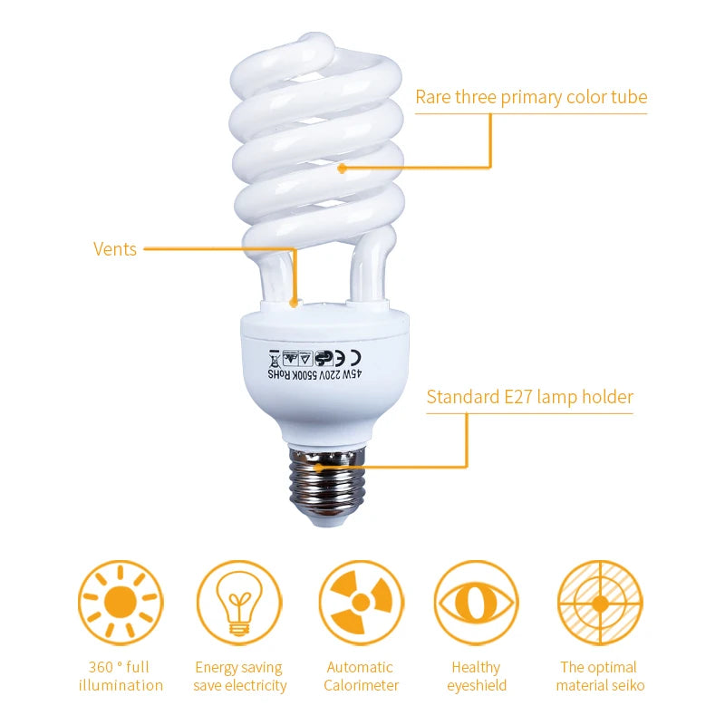 5500K Photography Daylight 4PCS 45W High Bright  Fluorescent Lighting Bulbs E27 Base For Photographic Photo Video Studio
