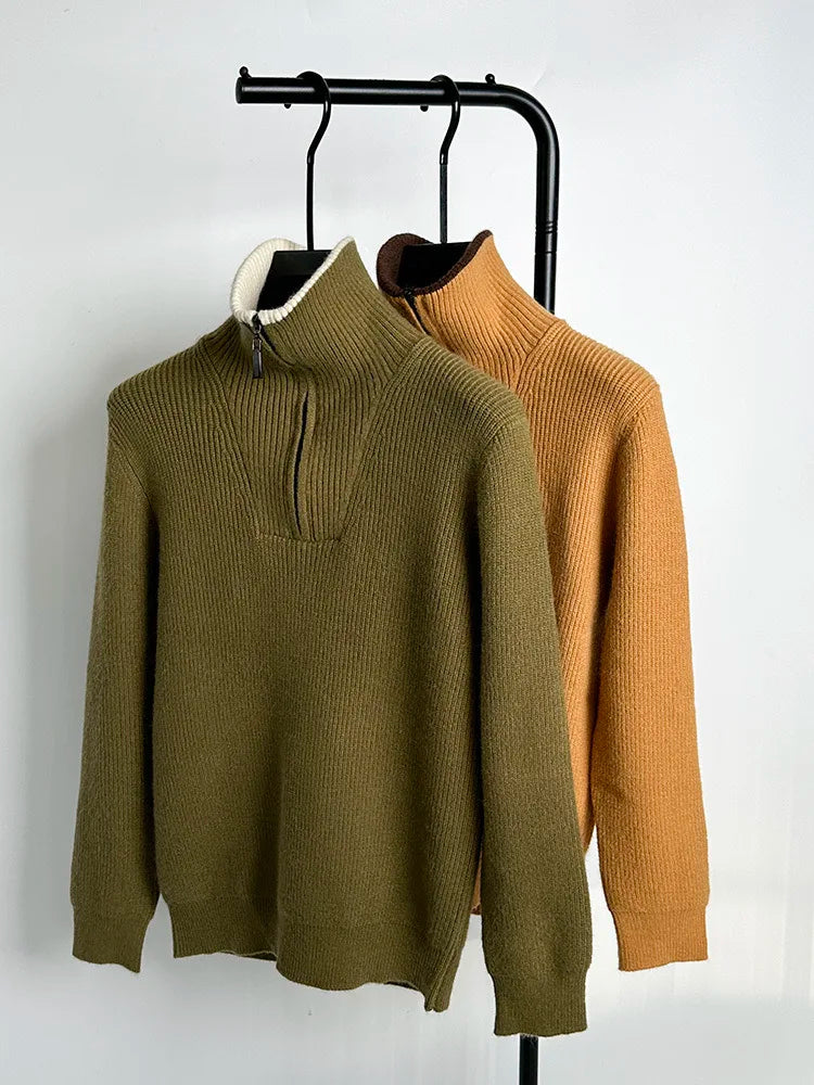 Autumn and Winter Men's Half High Neck Zipper Knitted Sweater Korean Version FashionCasualSolidColor Pullover Thickened and Warm