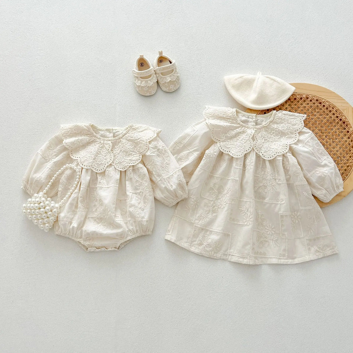 Autumn Newborn Infant Baby Girls Lace Lapel Romper Sister  Embroidery Dresses Muslin Rompers Kids Onepiece Fashion Baby Clothing