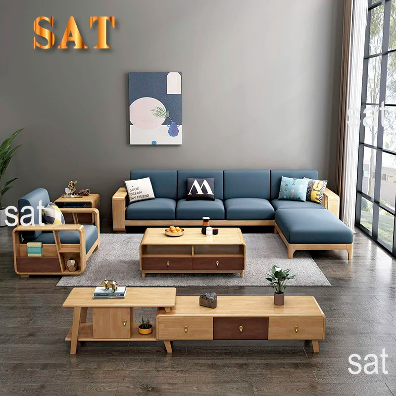 #Nordic Type Simple Modern Solid Wood Sofa Set Furniture Living Room Fabric Sectional Sofa