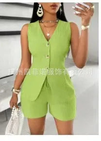 Women Fashion Casual Shorts Set Summer Vest Top Button Solid 2 Pieces Set Lace-up Pant Suits Womens Clothing Office Holiday 2025