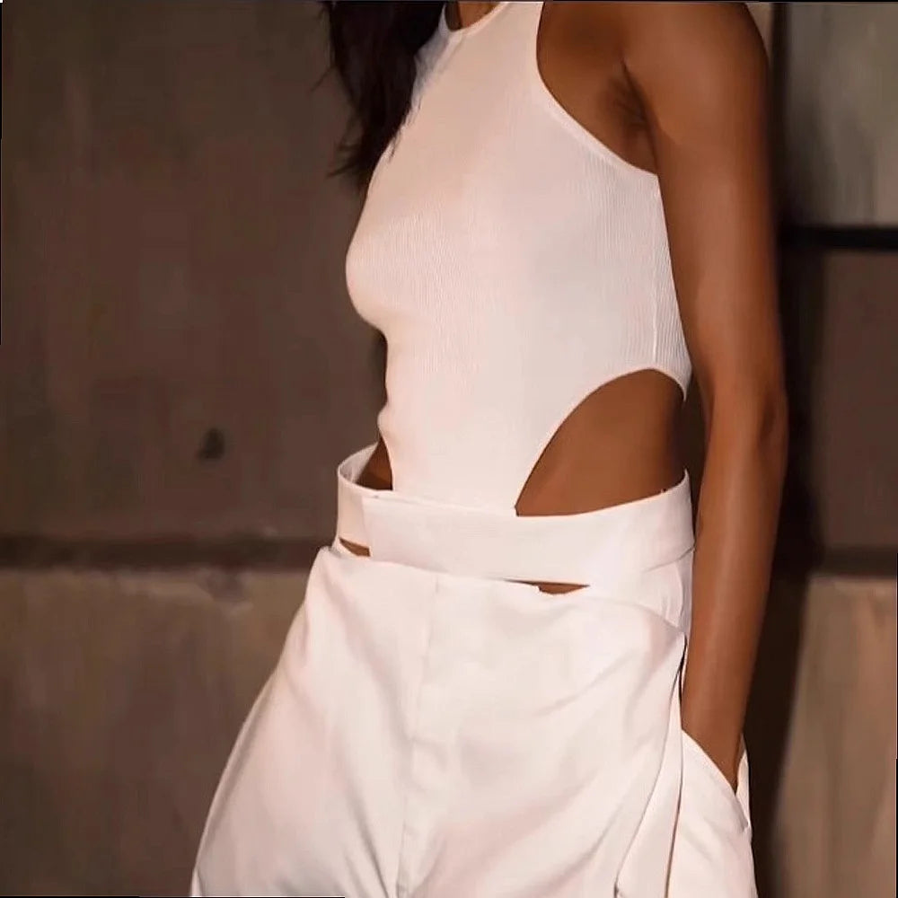 Women's Solid Color Sleeveless Hollow Out High Waist Wide Leg Jumpsuit Overall Playsuit