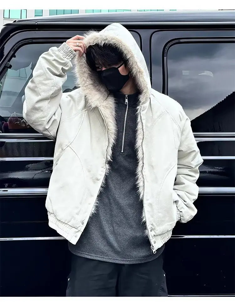 American Retro Lamb Fleece Cotton Jacket Winter Thickened Keep Warm Fur Collar Jacket Zipper Hoodie Loose Coat men clothing