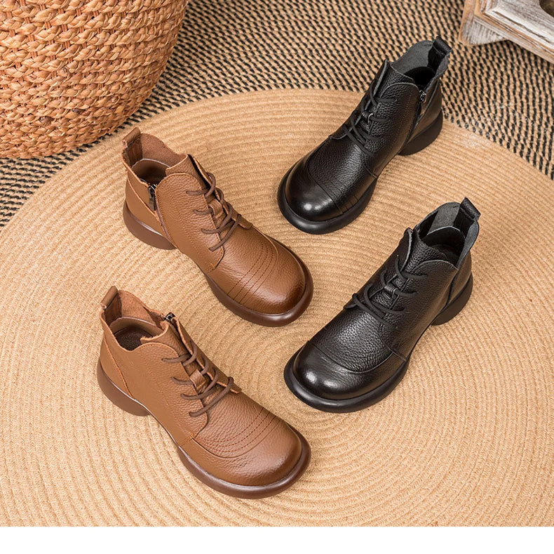 GKTINOO Women Autumn Boots Cowhide Ankle Boots 2025 Winter Retro Casual Genuine Leather Mother Boots Fur Keep Warm Low Heel 41