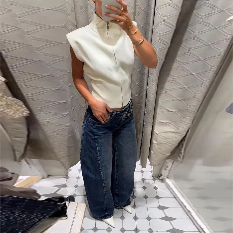 Women's Knitwear Half Turtleneck Double Zipper Knitted Vest Autumn Female Sleeveless Waist Cinching Solid Slim Cardigan New Tops