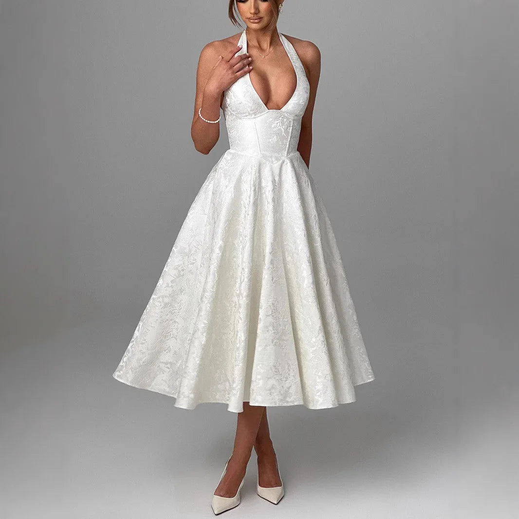 Puss Deep V-Neck Halter Dress Woman Summer Jacquard High-end evening dress Backless Elegant Patchwork Solid Party Sexy Vestidos