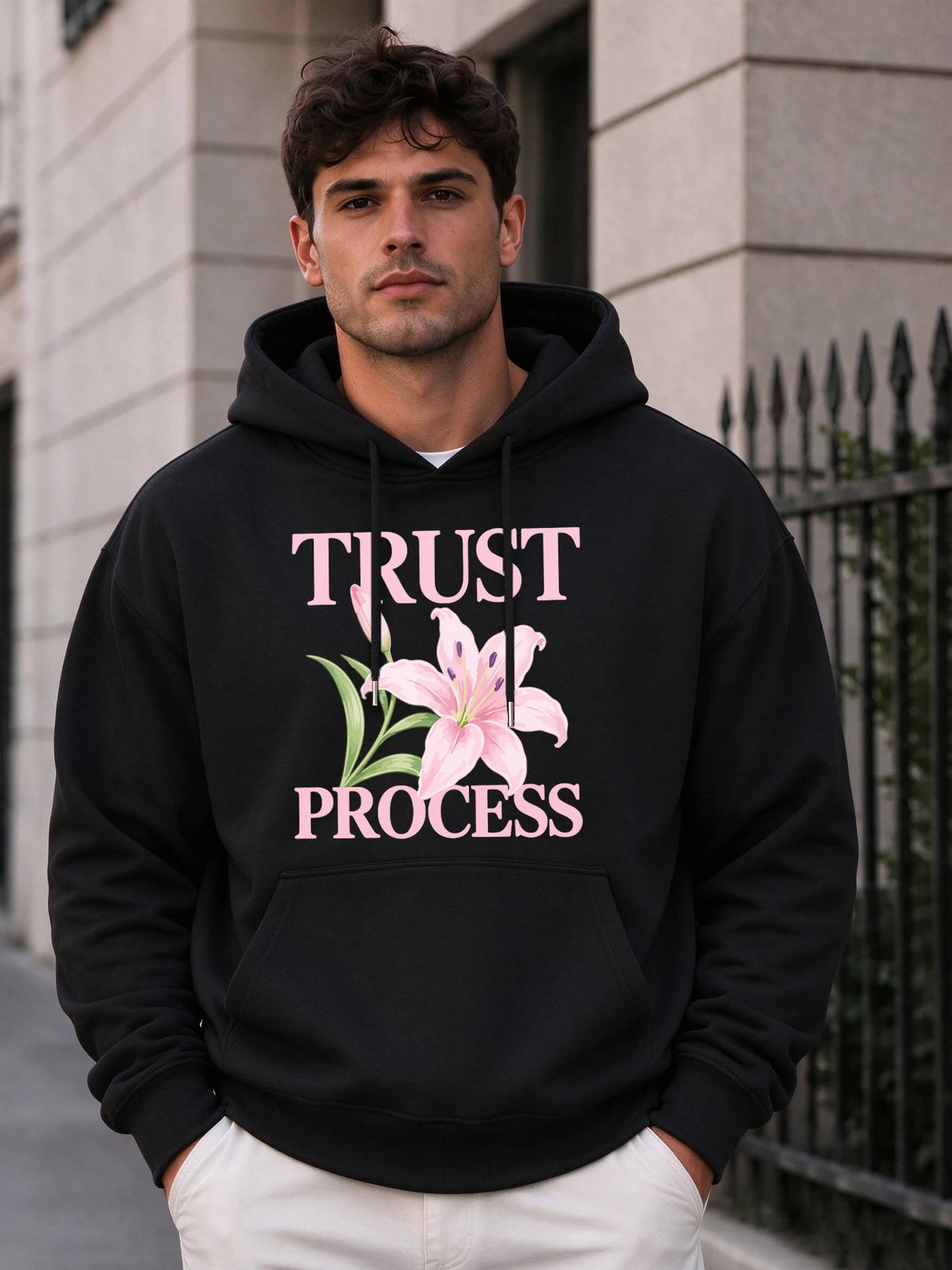 Trust Process Hibiscus Print Men Basic Hoody Casual Pocket Tops Hip Hop Loose Pullover Autumn Fleece Unisex Simple Long Sleeve
