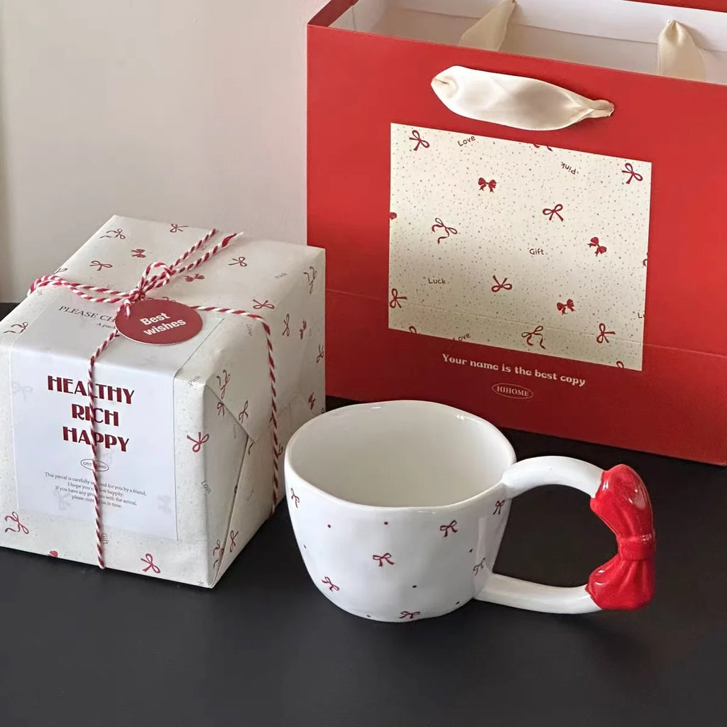 Handmade Irregular Mug, Pink Three-dimensional Bow Coffee Cup, Artistic Niche Mug Gift Ceramic Water Cup