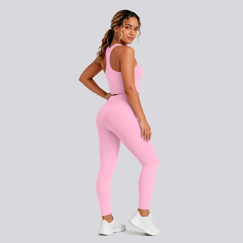 2PCS Solid Color Yoga Set for Woman's Gather Beautiful Back I-shaped Vest Shock-absorbing Running Yoga Tank Top Push Up Pants
