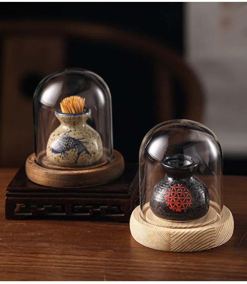 Japanese Retro Toothpick Box Home Toothpick Cotton Swabs Jar Ceramic Pot Glass Dust Cover Modern Exquisite Decoration Modern