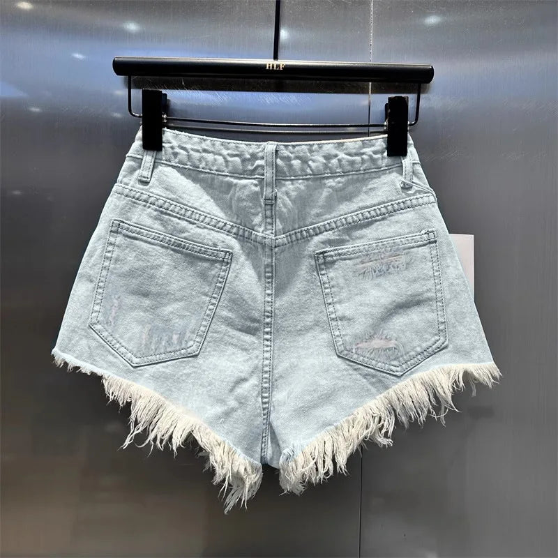 Retro Irregular Old Ripped Denim Shorts Women's Summer Low Waist Design Jeans Hot Pants Sky Blue