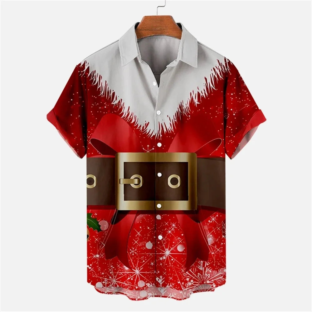New Christmas Graphic Santa Claus Cosplay Men Shirts Hawaiian Harajuku Tops Short Print Tee Lapel Fashion Holiday Clothing