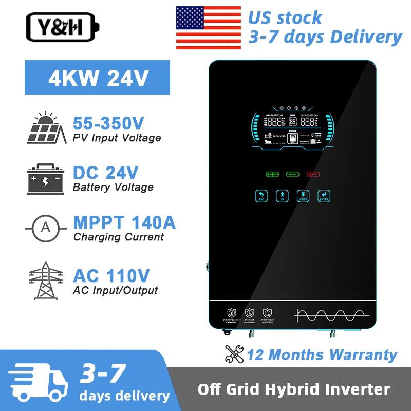 Y&H 4KW Hybrid Solar Inverter 24VDC to 110V/120VAC 4000W Off Grid Pure Sine Wave Solar Inverter with MPPT 140A Solar Charger 50Hz/60Hz