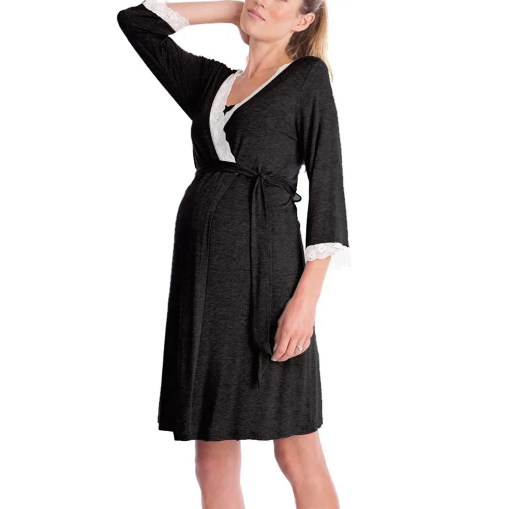 Fashion Lace Three-quarter Sleeve Maternity Nightdress Loose Bathrobe Pregnant Women Nightgown