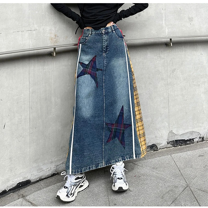 High Fashion Denim Skirt Women Elastic High Waist A-Line Long Skirt Female Colorful Patchwork Plaid Jean Skirt