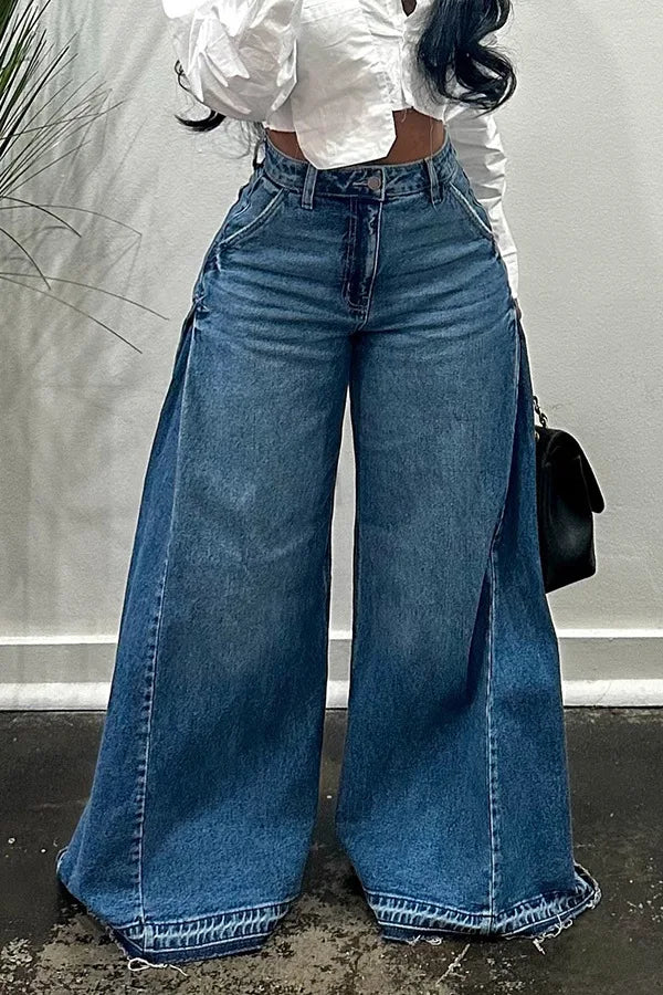 QICHE European American Women Y2K Blue Washed Patchwork Flare Jeans Loose Tassel Floor-Length Wide Leg Denim Pants