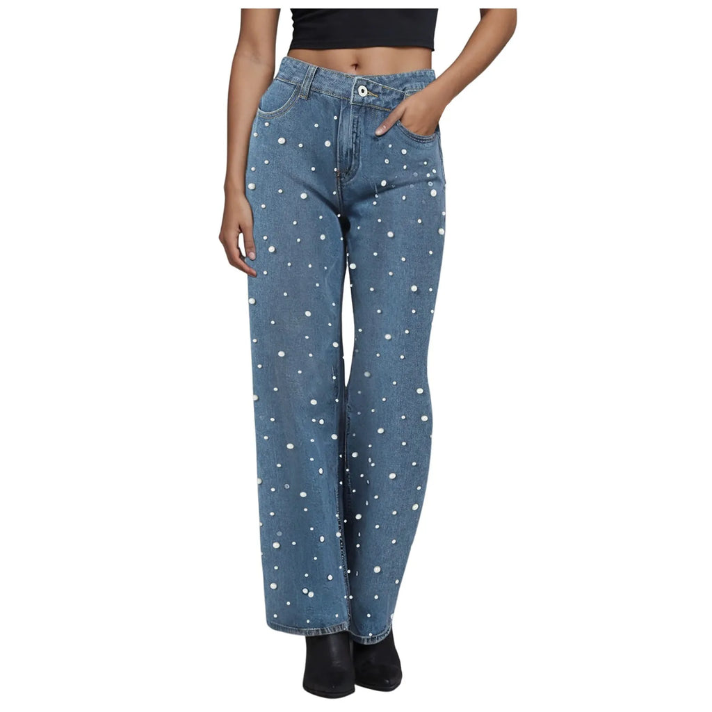 Women 2025 New Nail Bead Jeans Temperament Commuting Straight Leg Pants With Rough Edges Washed Fashion Jeans Ubrania Damskie