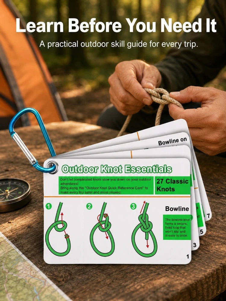 Outdoor Knot Tying Guide Cards Waterproof Plastic Reference Carabiner Survival Emergency Tools For Hikers Campers Scouts Gifts