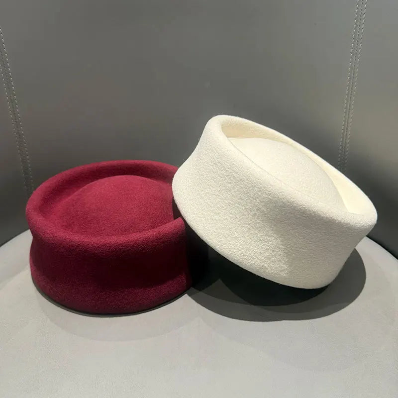 Women Berets Hat Fashion Fall Winter Vintage Concave Top Pillbox Cap 100% Wool Fedoras Hats Wedding Designer Western Church Hat