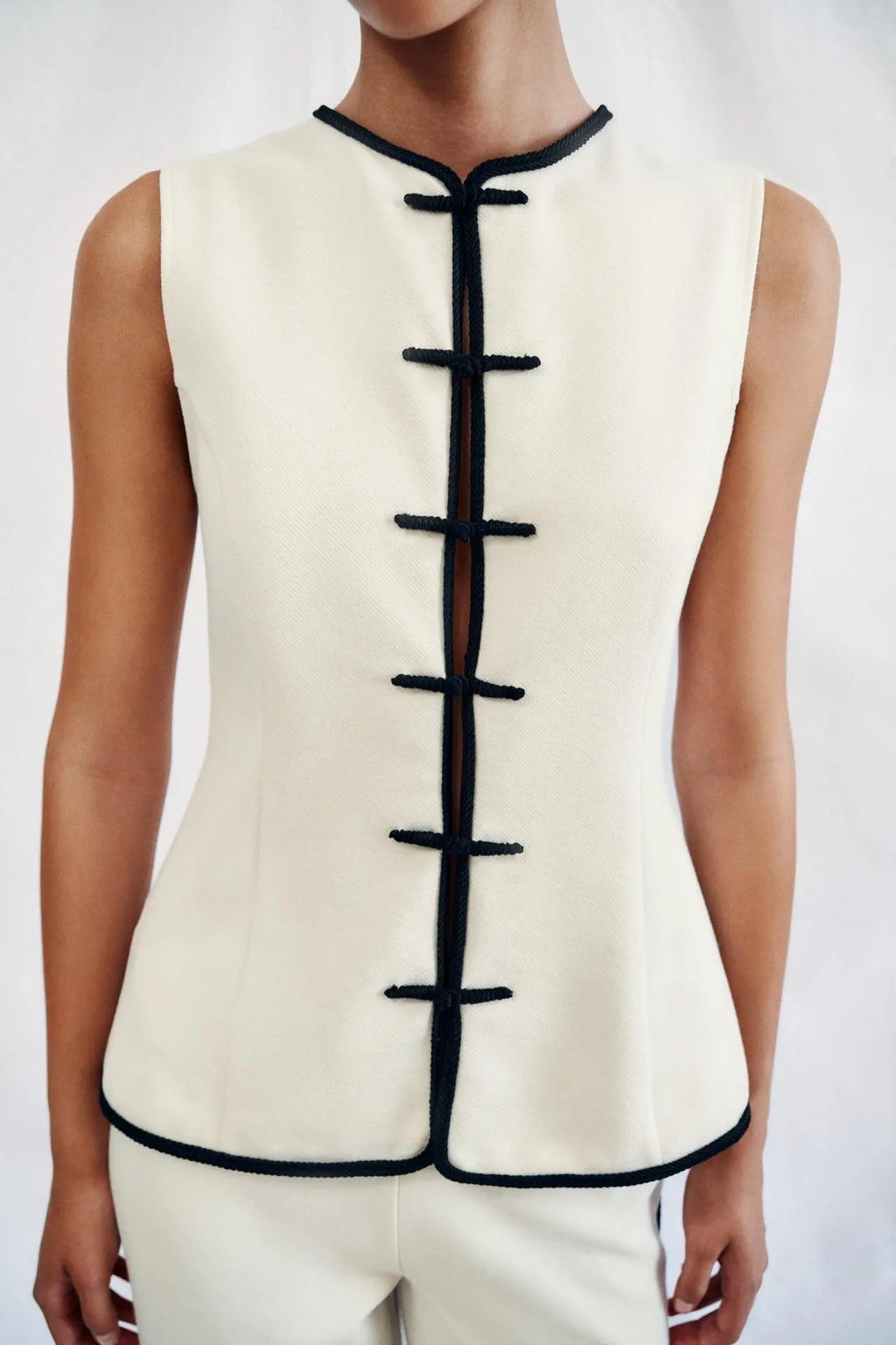 No-Sleeve round Neck Rope Knot Top with Wide Leg Pants Straight Cut Color Block Design Women's Fashion Set Autumn Collection