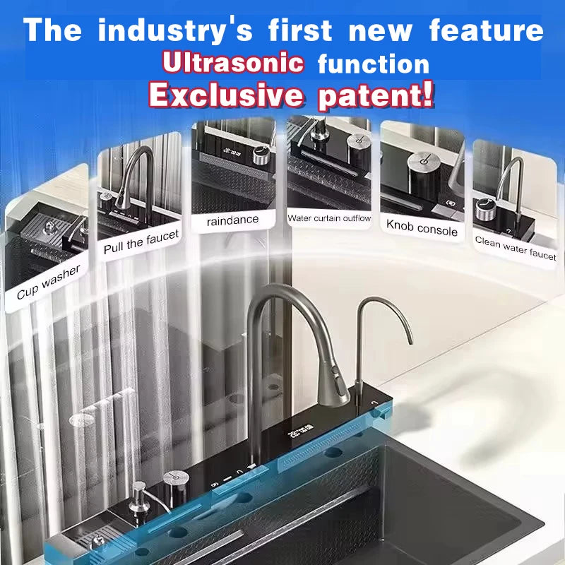 LED Factory 304 Stainless Steel Anti-Scratch Kitchen Sink Multifunction LED Digital Display Pull-Out Faucet Single Bowl Design