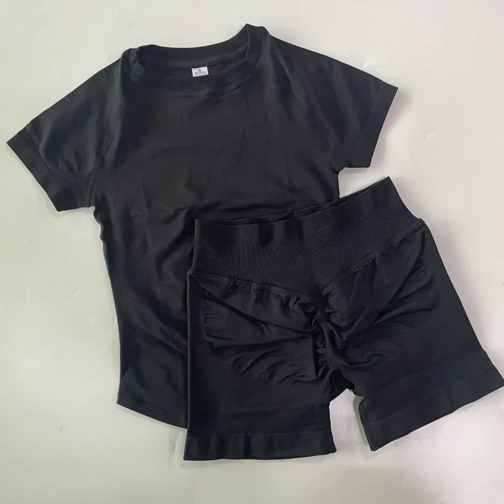 2 Piece Gym Set Women Outfit Longline Short Sleeve Gym Crop Top High Waist Workout Shorts Sports Suit Fitness Clothes Yoga Set