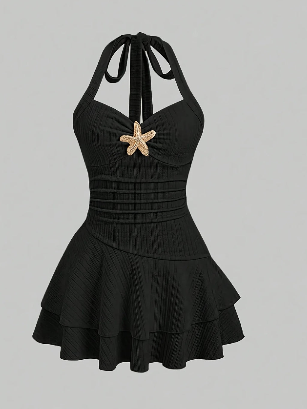 Women Summer Halter Mini Dress Sexy Tiered Ruffle Bodycon Short Dress with Starfish Decor Vacation Beach Party Outfit
