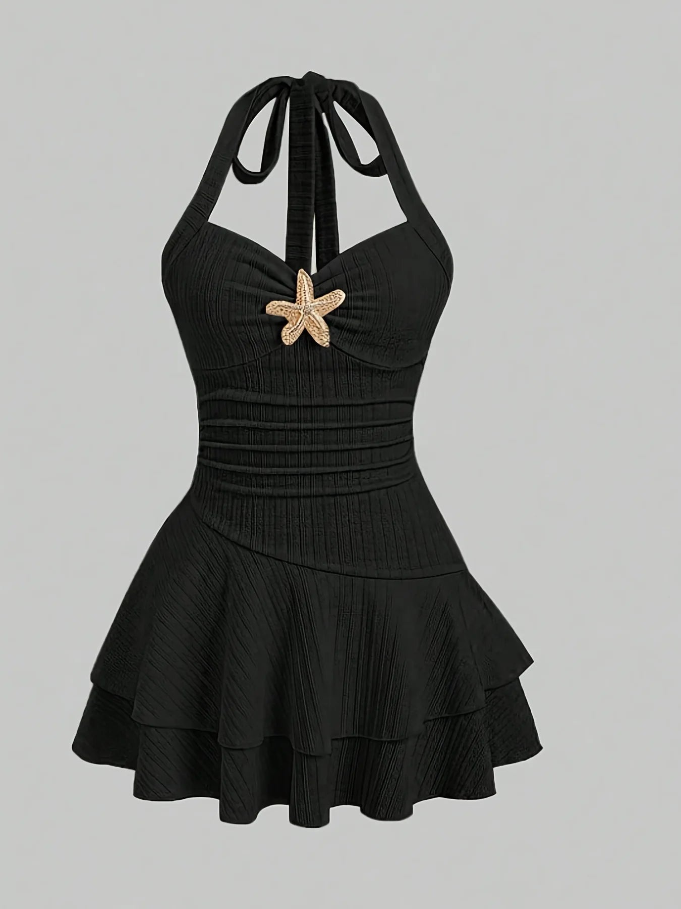 Women Summer Halter Mini Dress Sexy Tiered Ruffle Bodycon Short Dress with Starfish Decor Vacation Beach Party Outfit