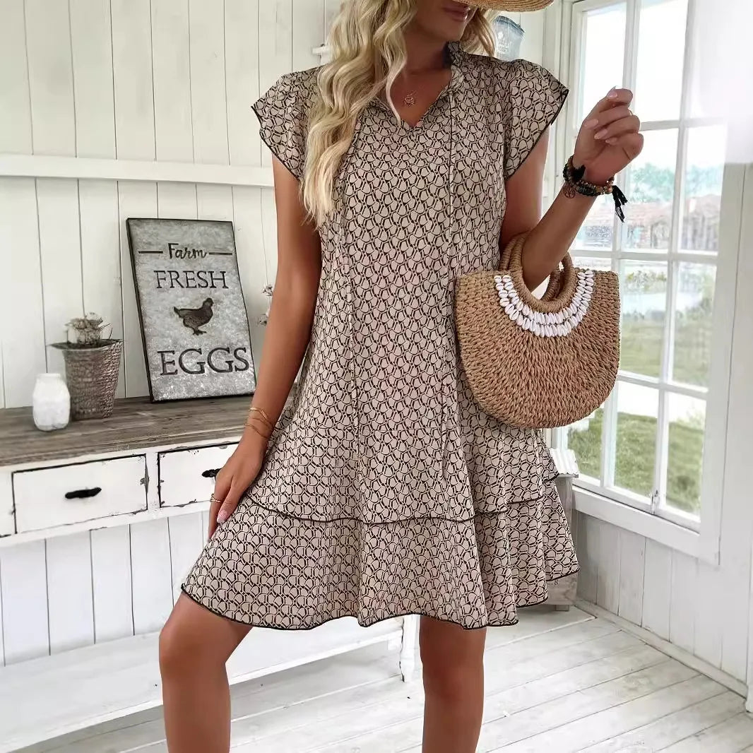 2025 Elegant Women's Casual Loose Ruffle Mini Dress Bohemian Printed V-neck Lace-up Small Flying Sleeve Dresses For Women S-3XL