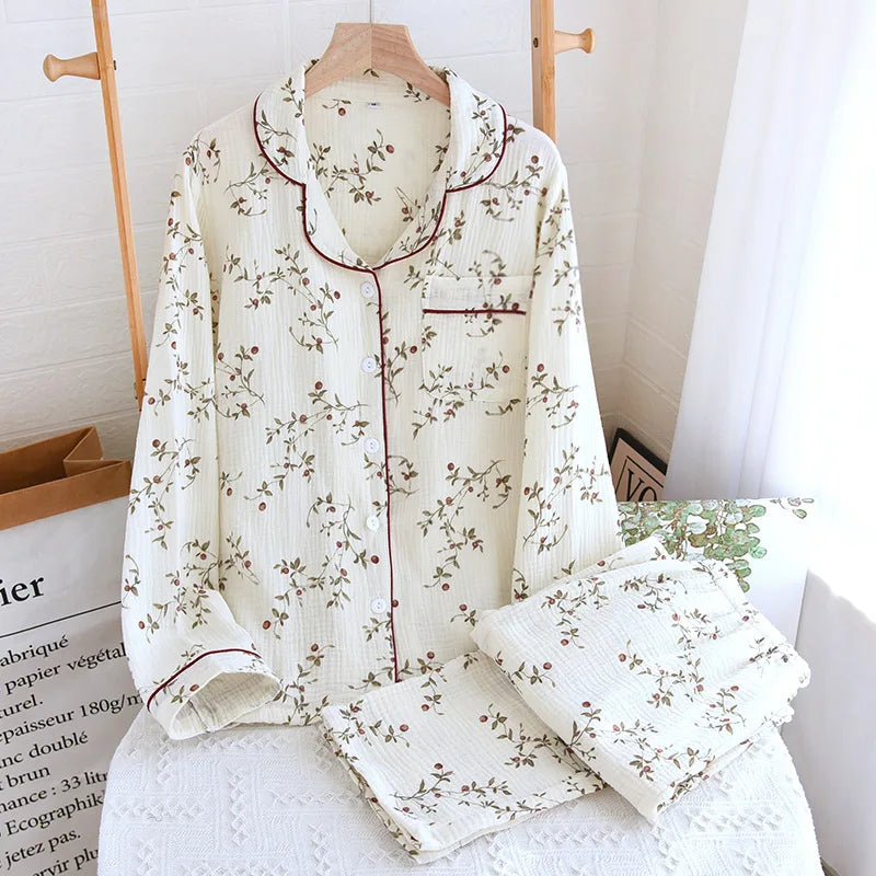 2026 Spring and Autumn Women's Pajama Set 100% Cotton Crepe Long sleeved Pants Two piece Cute and Sweet Home Fury Set Ladies
